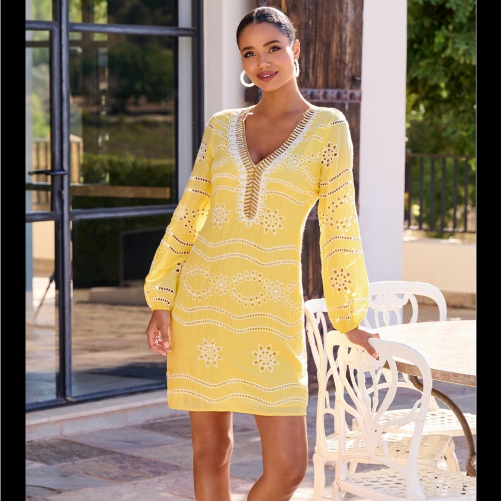 Winter getaway 2024. Lemon drop! Embellished Lace Tunic Dress by Boston Proper.